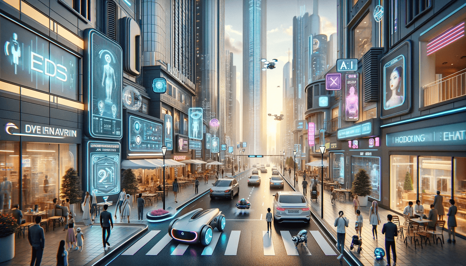 AI generated: A realistic and detailed depiction of an urban city street 300 years in the future, where the enviro...