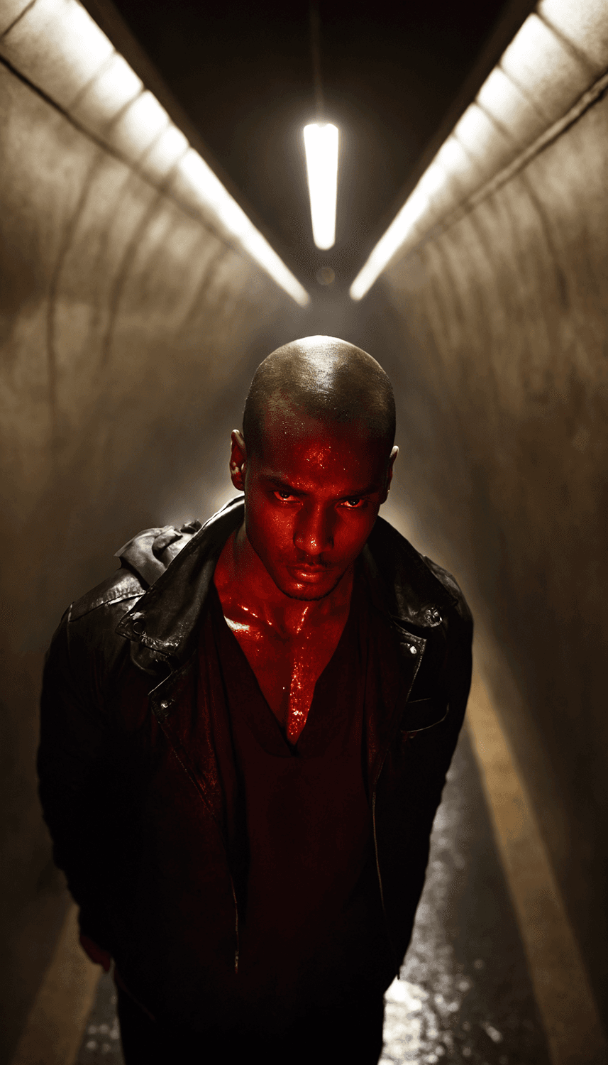 AI generated: bald man in leather jacket with blood on face and body in tunnel, wet floor, low angle shot, red ton...