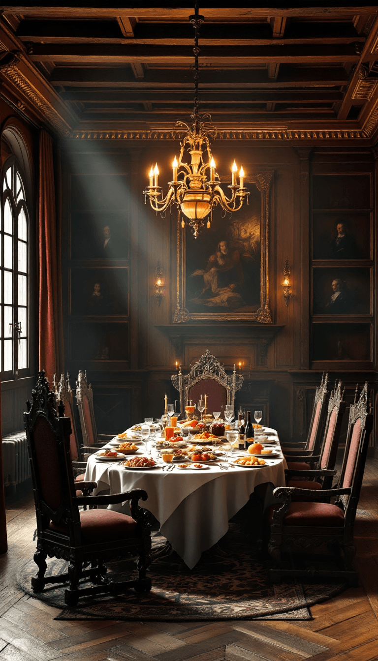AI generated: photo of a dining room in an old big castle, wooden details, castle style dining table with big thro...