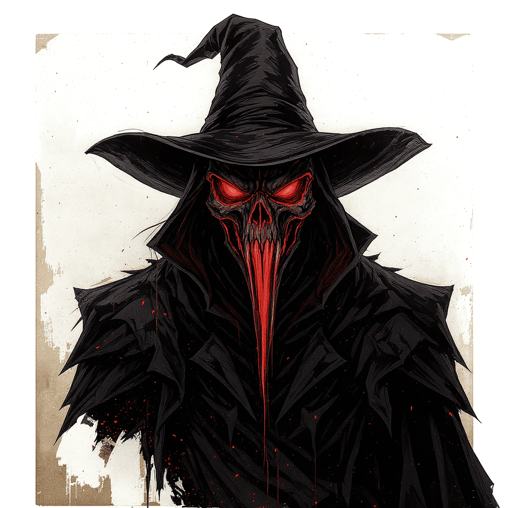AI generated: A sinister plague doctor with a cursed red light glowing from his mask.