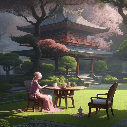 AI generated: Please generate a picture: there is a table and chair under the big bodhi tree in the garden, a pers...