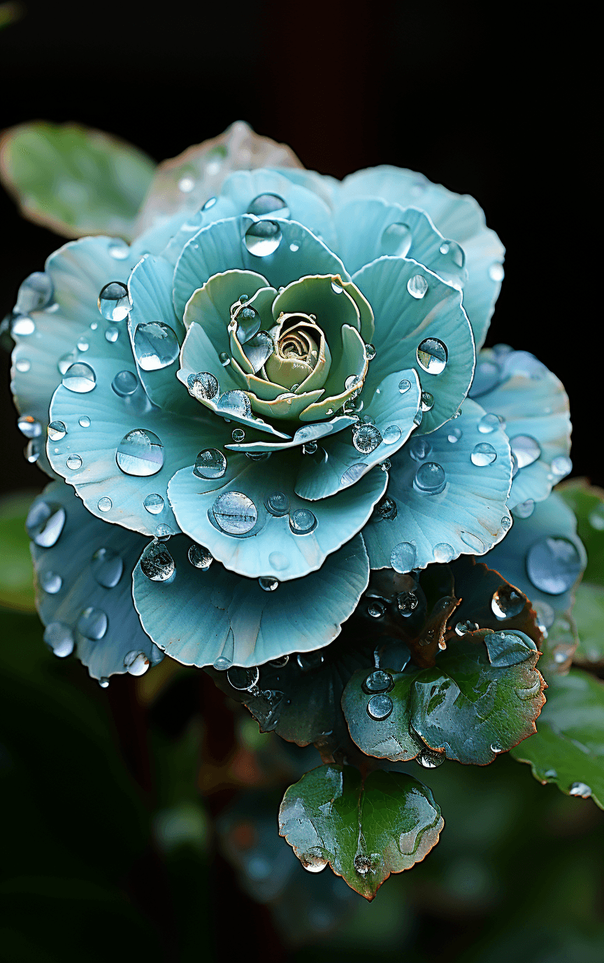 AI generated: water droplets on the stem of a flower, in the style of light indigo and light emerald, intertwining...