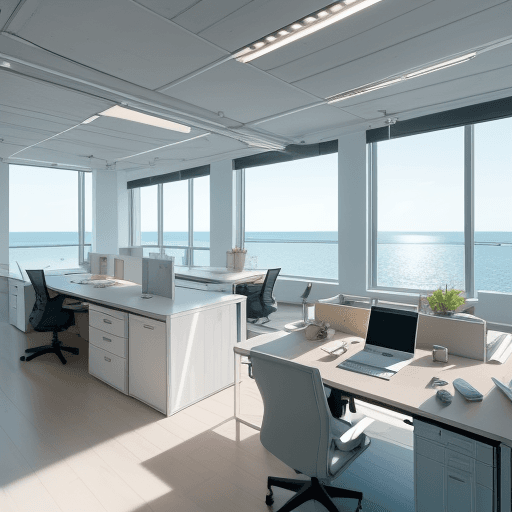 AI generated: Modern office space, workspace for 12 people, sophistication, spacious environment, high ceilings, l...