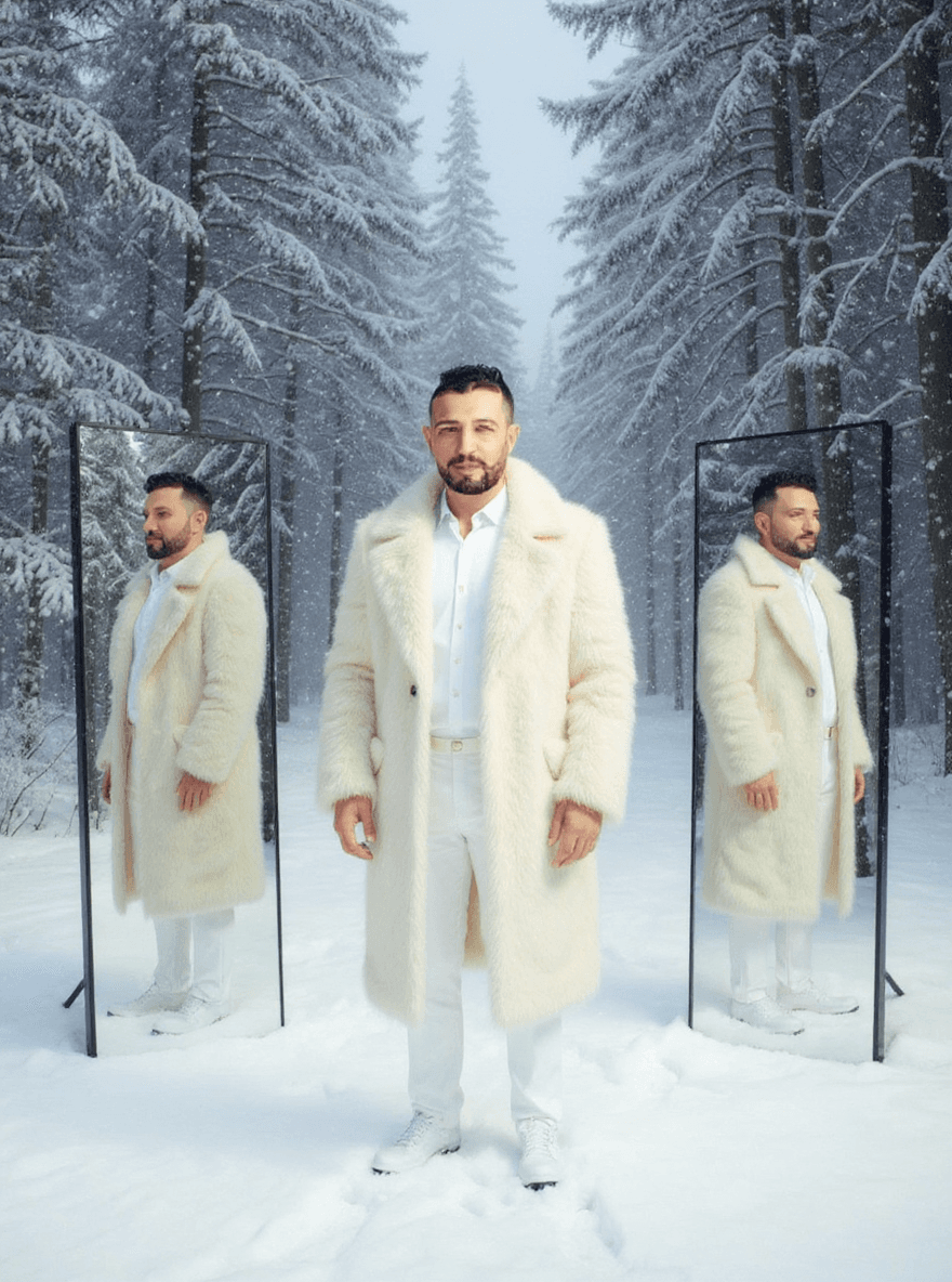 AI generated: A 30-year-old realistic man height 5'8 stands in a serene forest blanketed in snow, surrounded by ta...