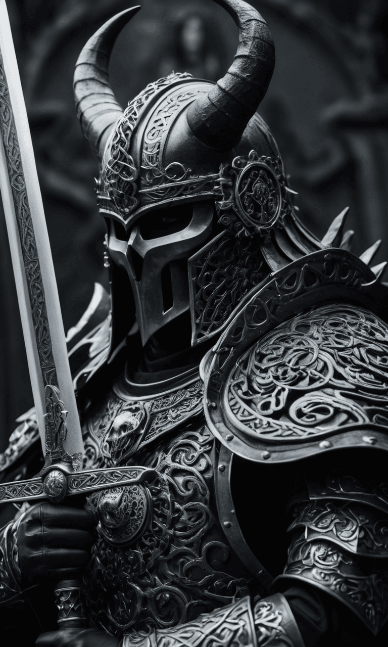 AI generated: a close up of a person wearing a horned helmet and holding a sword, death metal album cover, barong ...