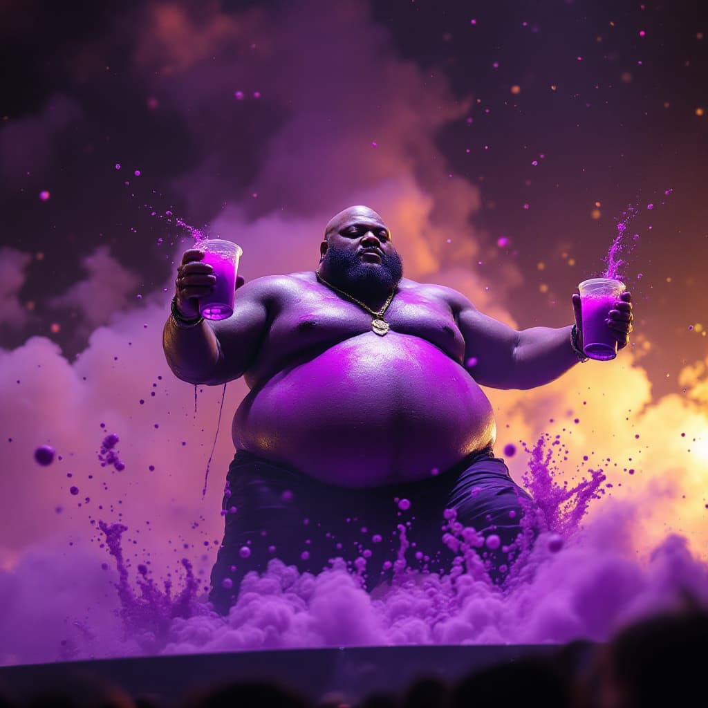 AI generated: dave blunts a big very very fat bald black rapper turning purple whilst floating on a stage of a con...