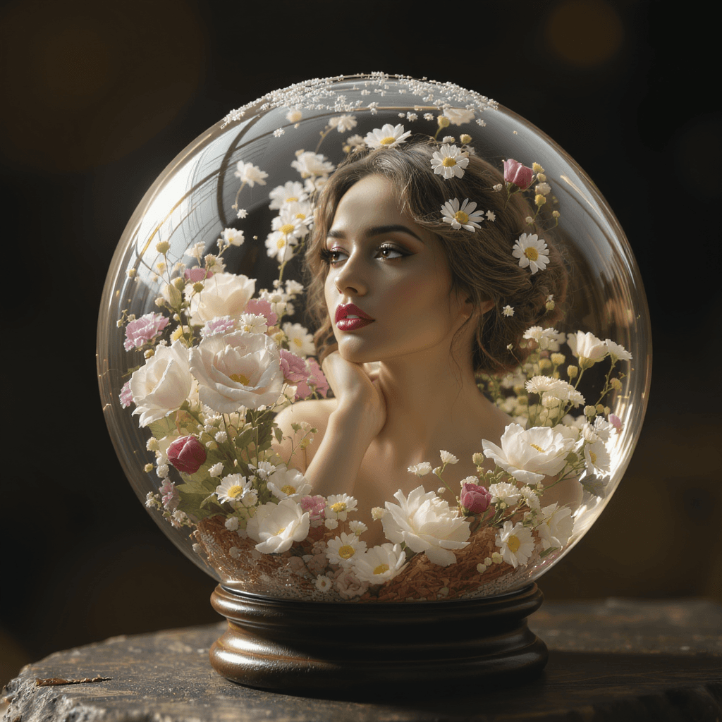 AI generated: woman in a glass ball with flowers in it| hyperrealistic| photorealistic| sharp focus| 4k
