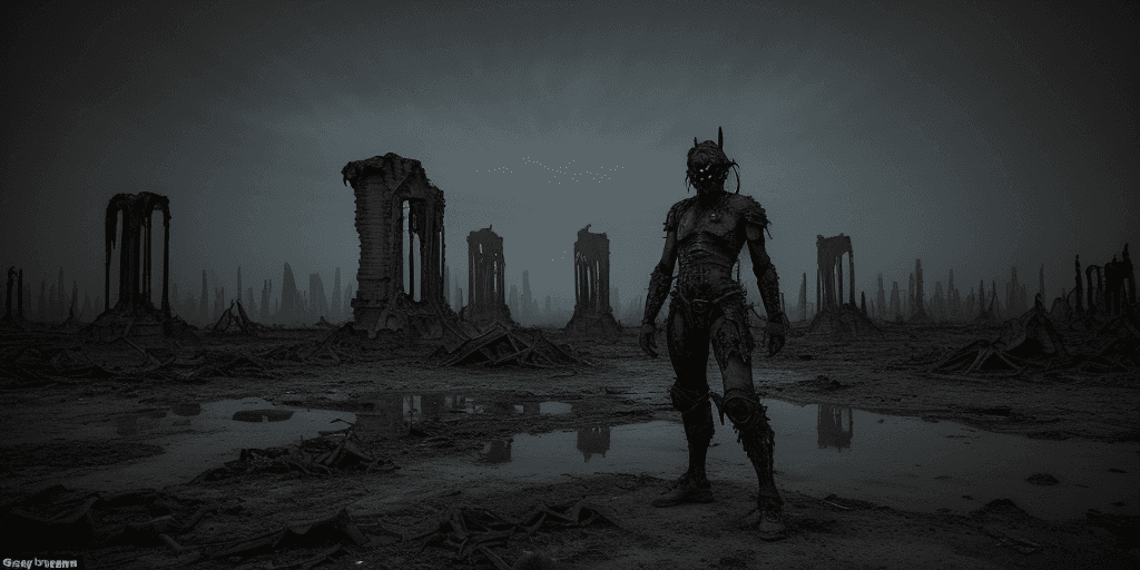 AI generated: Ruined city: Capture the exhausted and demented form of the ruined city in a surreal photograph set ...