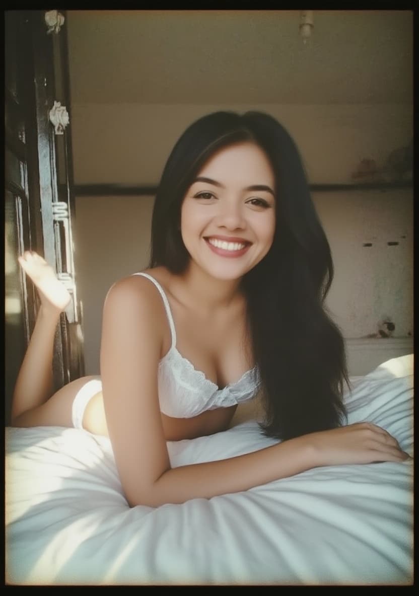 AI generated: Whole body photo of a gorgeous lady wearing skimpy nighties on the bed, seductive smile, daytime, de...