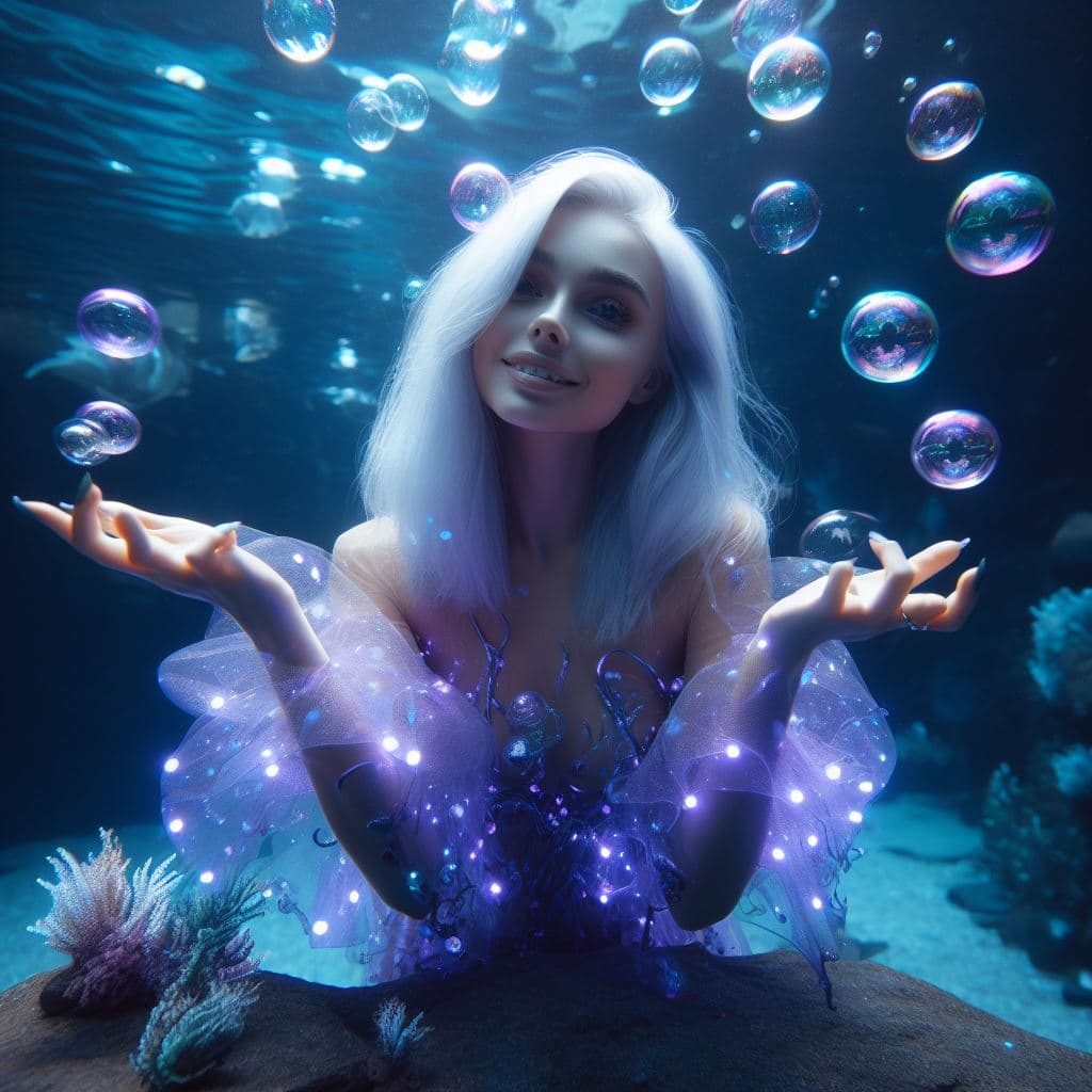 AI generated: female mermaid playing underwater with bubbles, she smiley, has long white hair, a purple dress with...