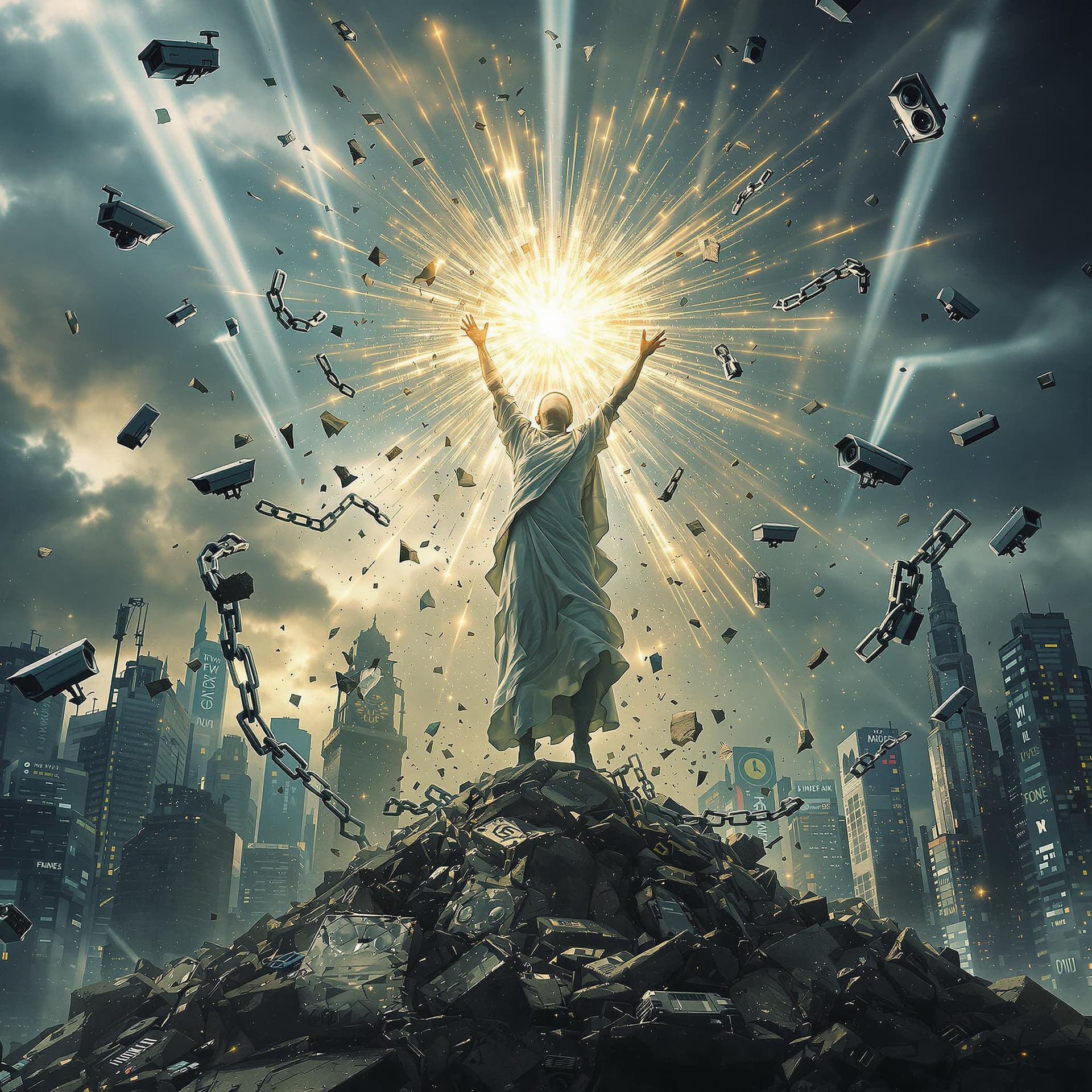AI generated: A powerful and dramatic digital artwork depicting a figure breaking free from chains, symbolizing hu...