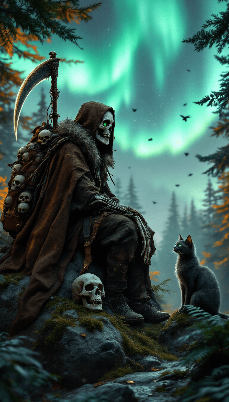 AI generated: A highly detailed, cinematic fantasy scene of a skeletal grim reaper dressed in a tattered, fur-line...