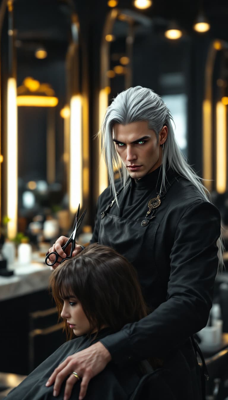 AI generated: A candid, photorealistic shot of a tall handsome European man inspired by Sephiroth from Final Fanta...
