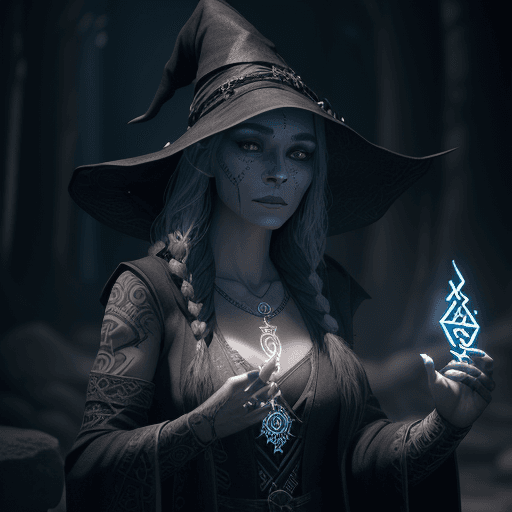 AI generated: A runic witch with runes and glowing engraved runic voodo symbols with elegant realistic skin featur...