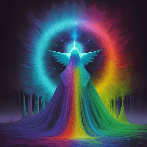 AI generated: pintura psicodélica estilo mundo mágico,  cogumelos mágicos,  rios coloridos, seres extraterrestres,...