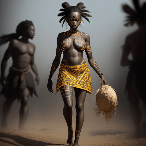 AI generated: black girl in her 20s walking barefoot clutching her traditional dress, angry face, "VUKANI!" text b...