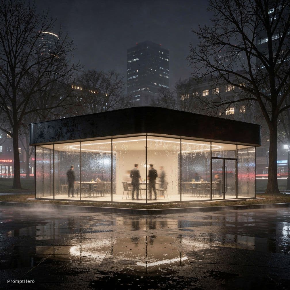AI generated: minimalist architecture, contemporary pavilion design, symmetrical curved structure, panoramic view,...