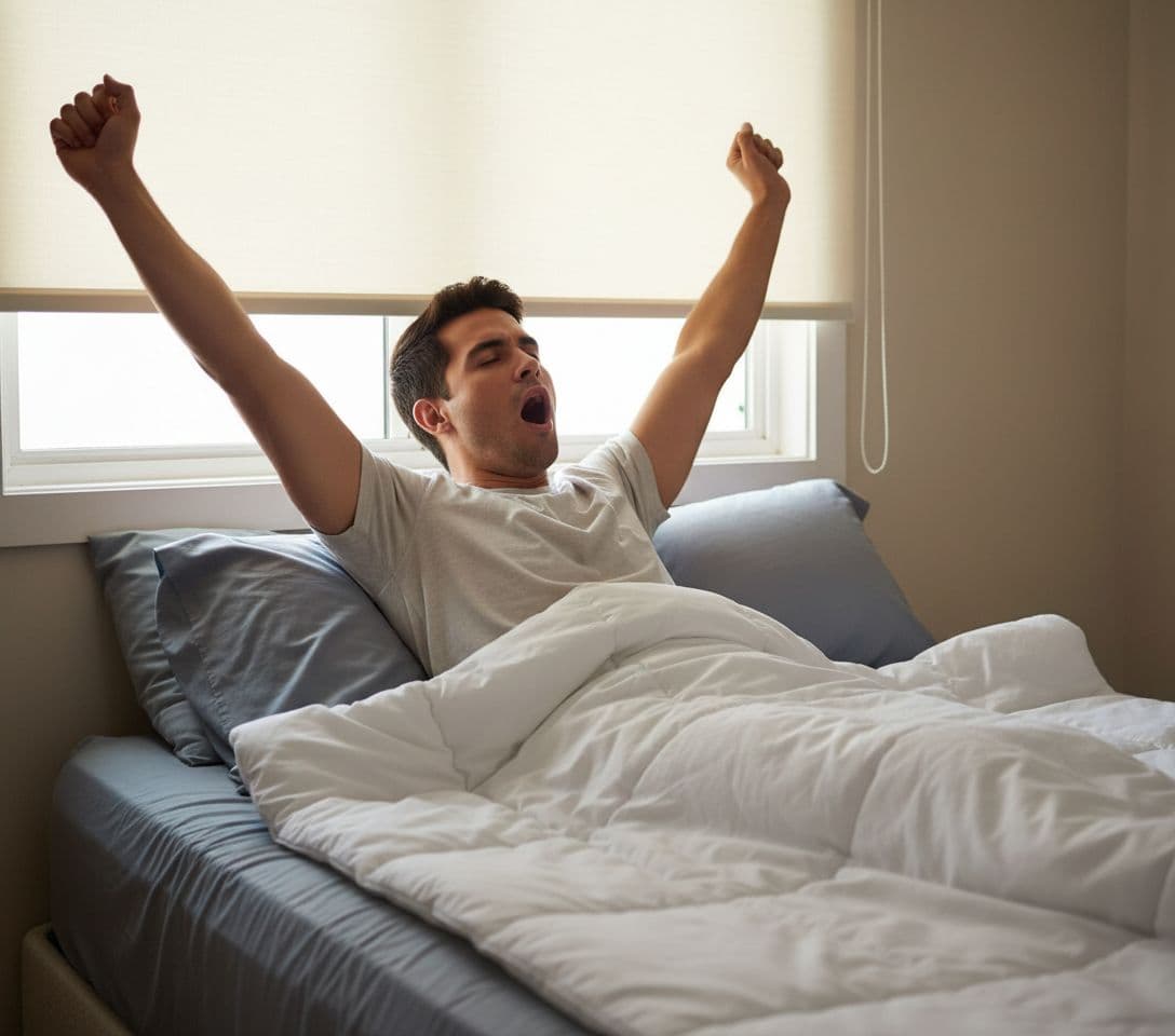 AI generated: Hispanic male, brown skin 5'0" tall waking up  in his bed, stretching arms, yawning, arms up.  He is...