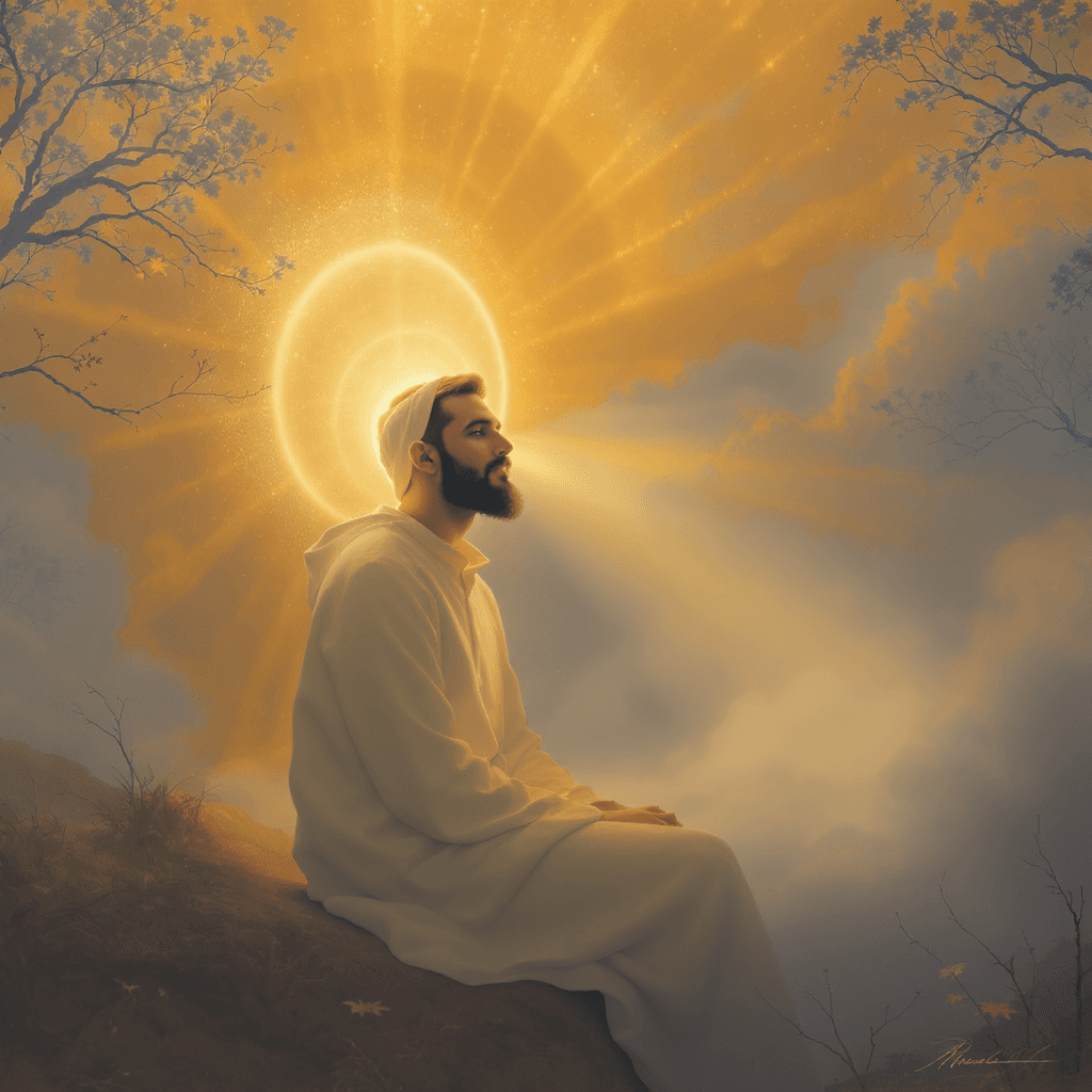AI generated: A serene, ethereal scene where a man sits in a misty, glowing landscape. A radiant, formless light (...