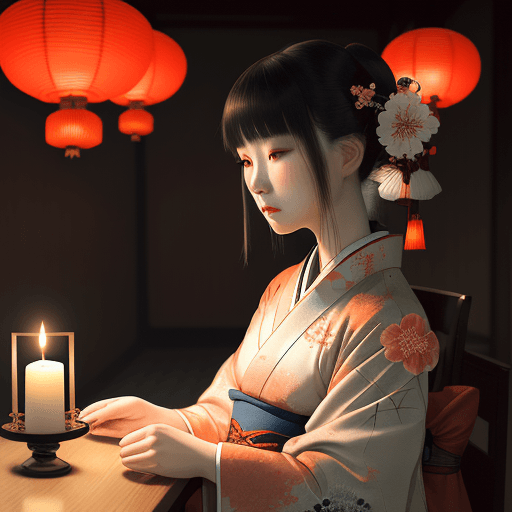 AI generated: a woman wearing kimono is sitting near two candles, in the style of ethereal portraits, chinapunk, e...