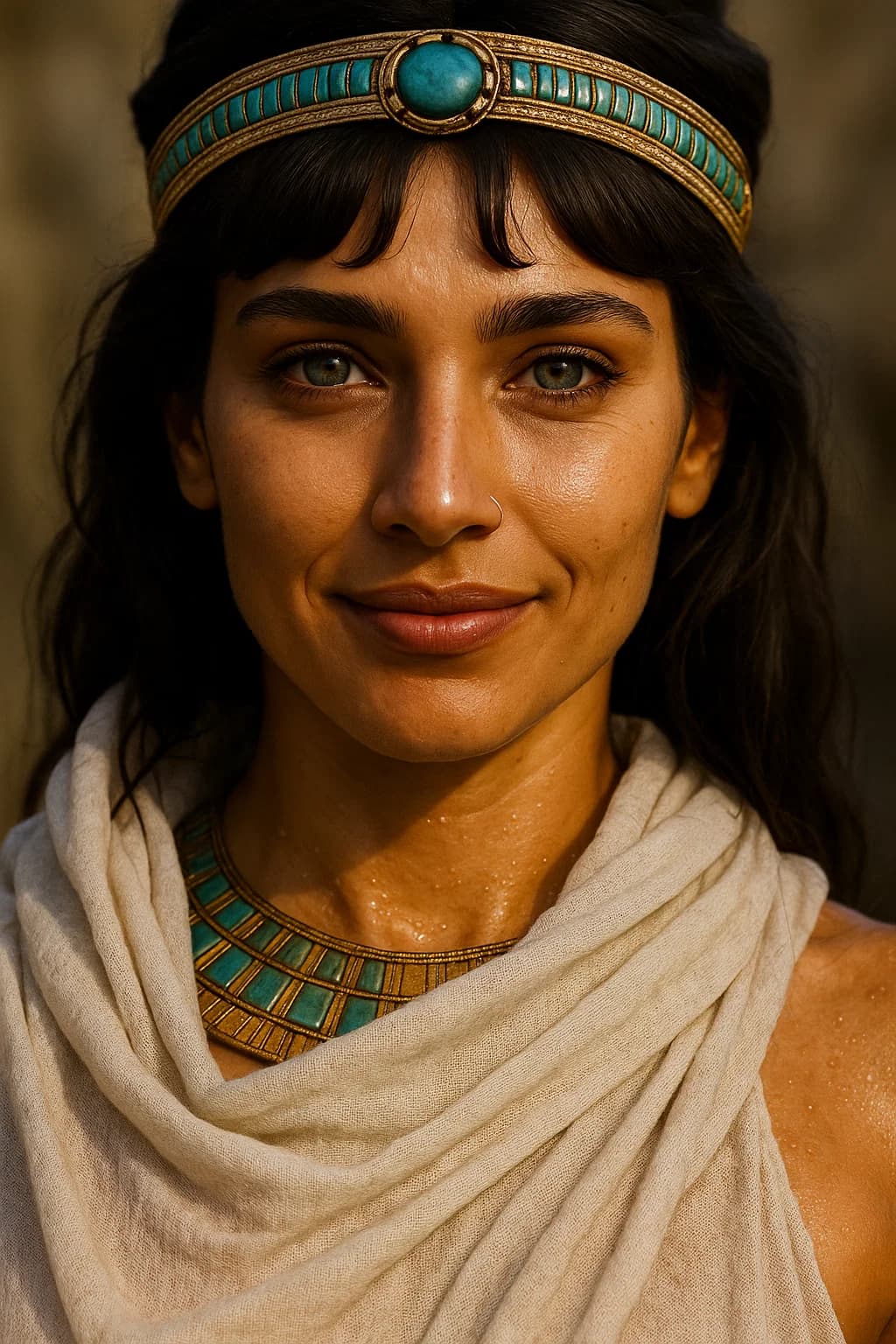 AI generated: Ultra-photorealistic 8K DSLR close-up of Sahira, the young Pharaoh queen, wrapped in a damp linen to...