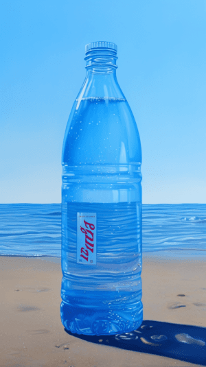 AI generated: Blue brand logo on transparent plastic bottle, medium realism level, art by Toshio Saeki, Soft Light...