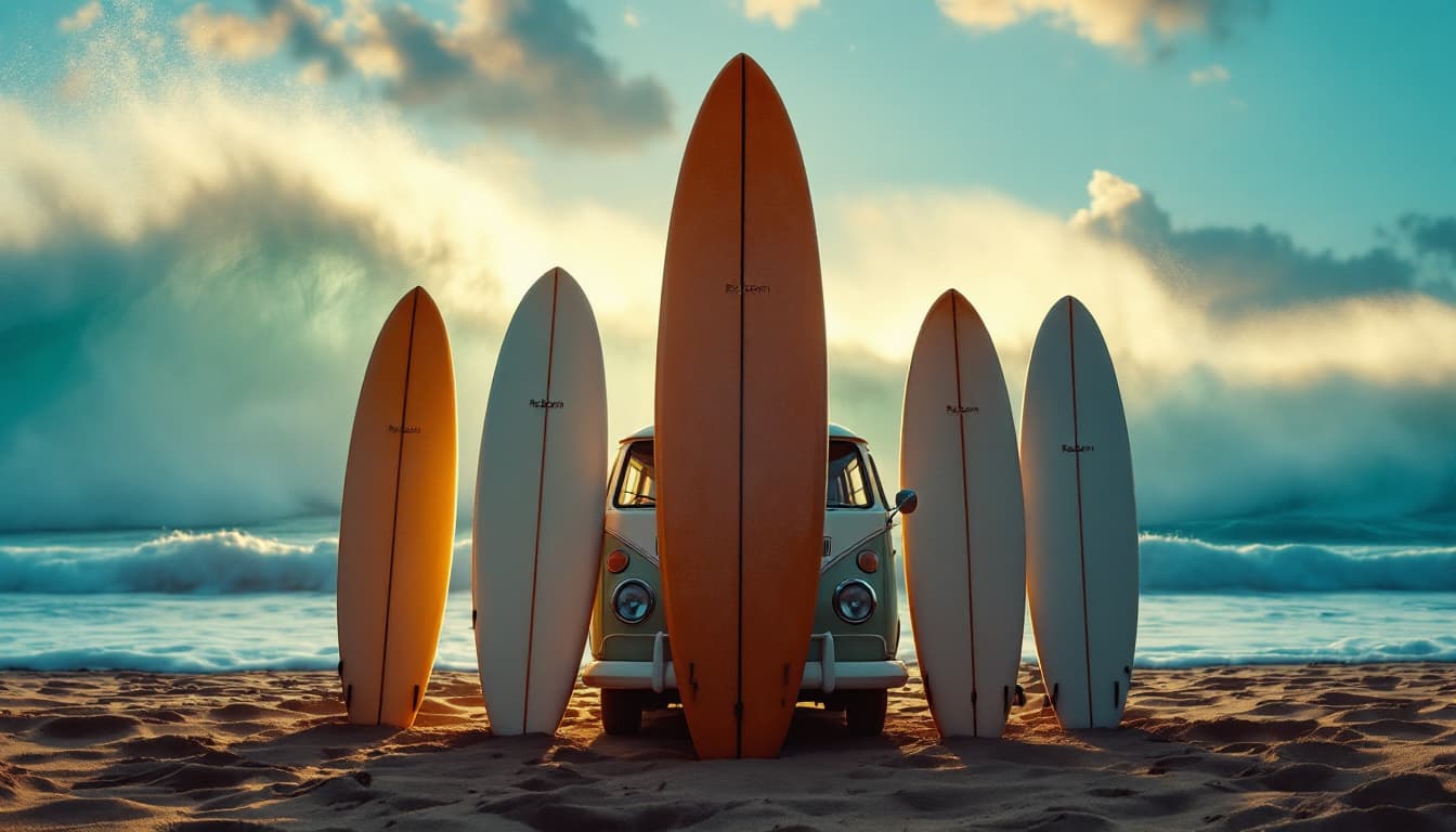 AI generated: A highly detailed distant ,ultra high definition low angle pro photo of a five surfboards standing i...