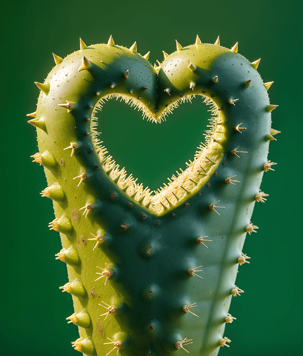 AI generated: A realistic human heart shape [[made of cactus material covered in green spikes], depth of field pho...