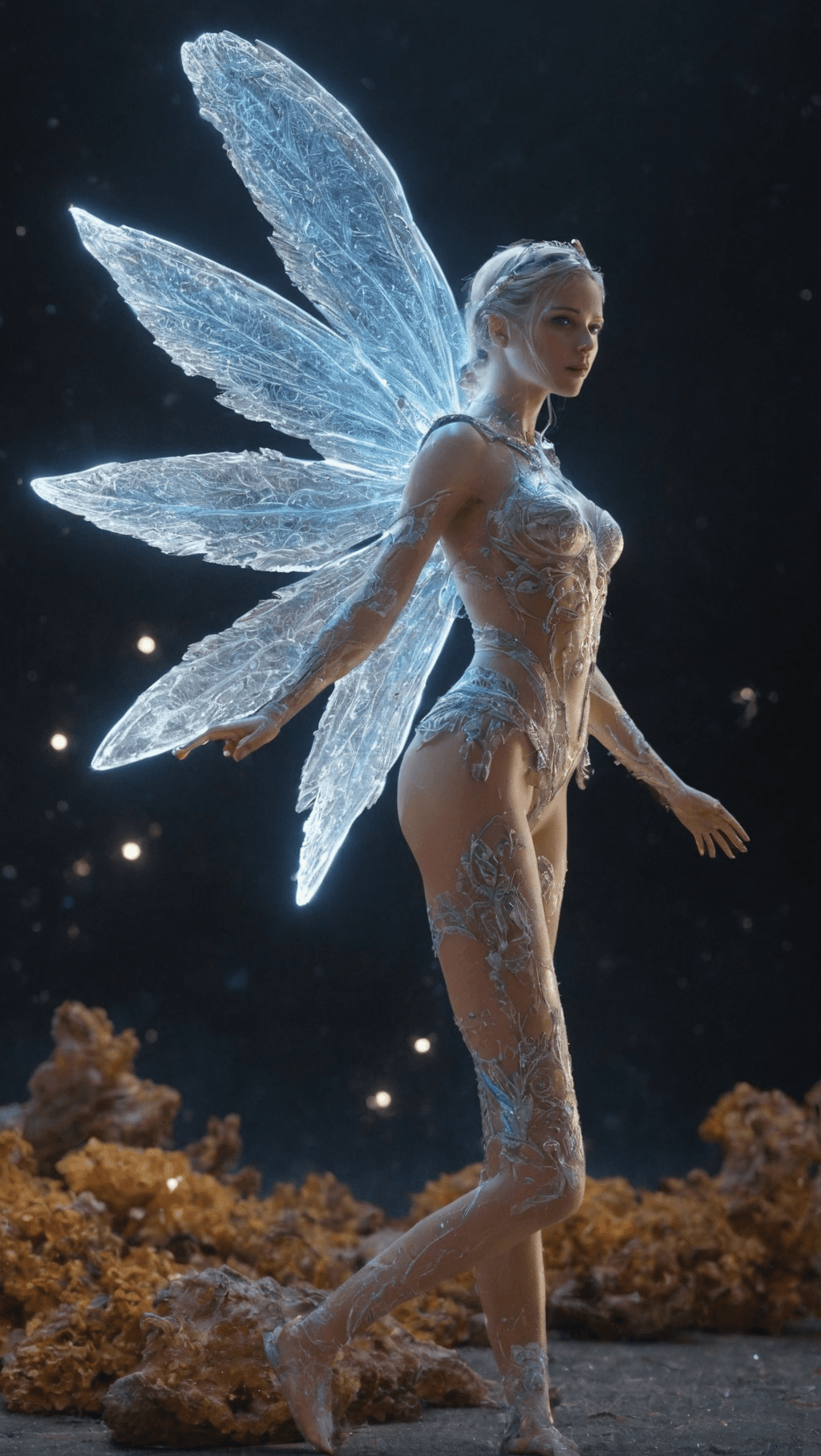 AI generated: Full body, Small (Ultra-detailed angel in a spaceship) highly detailed incorporeal fairy made of lig...