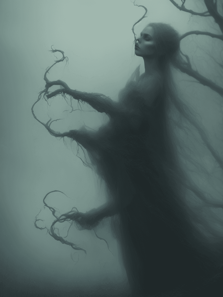 AI generated: witch in mist, Realistic, Hauntingly beautiful, feerie lighting, wispy tendrils, etherial, Highly de...