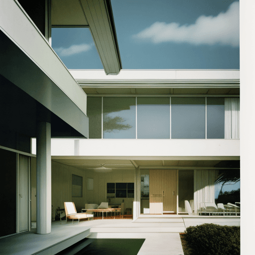 AI generated: Hyper realistic eye level exterior photo of a mid century modern style house overlooking the ocean, ...