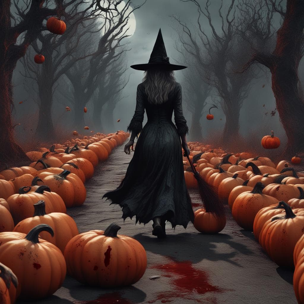AI generated: the haunting image of a witch with a macabre sense of style, walking toward a trail, amidst countles...