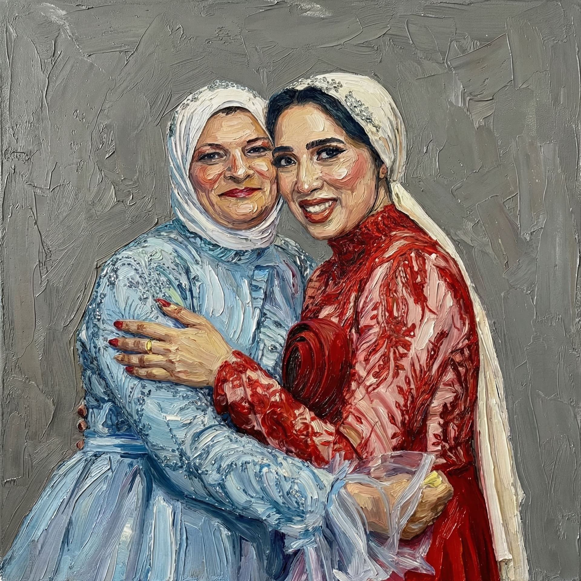 AI generated: Oil painting on canvas of a these two girls standing next to each other at their event. Don't change...