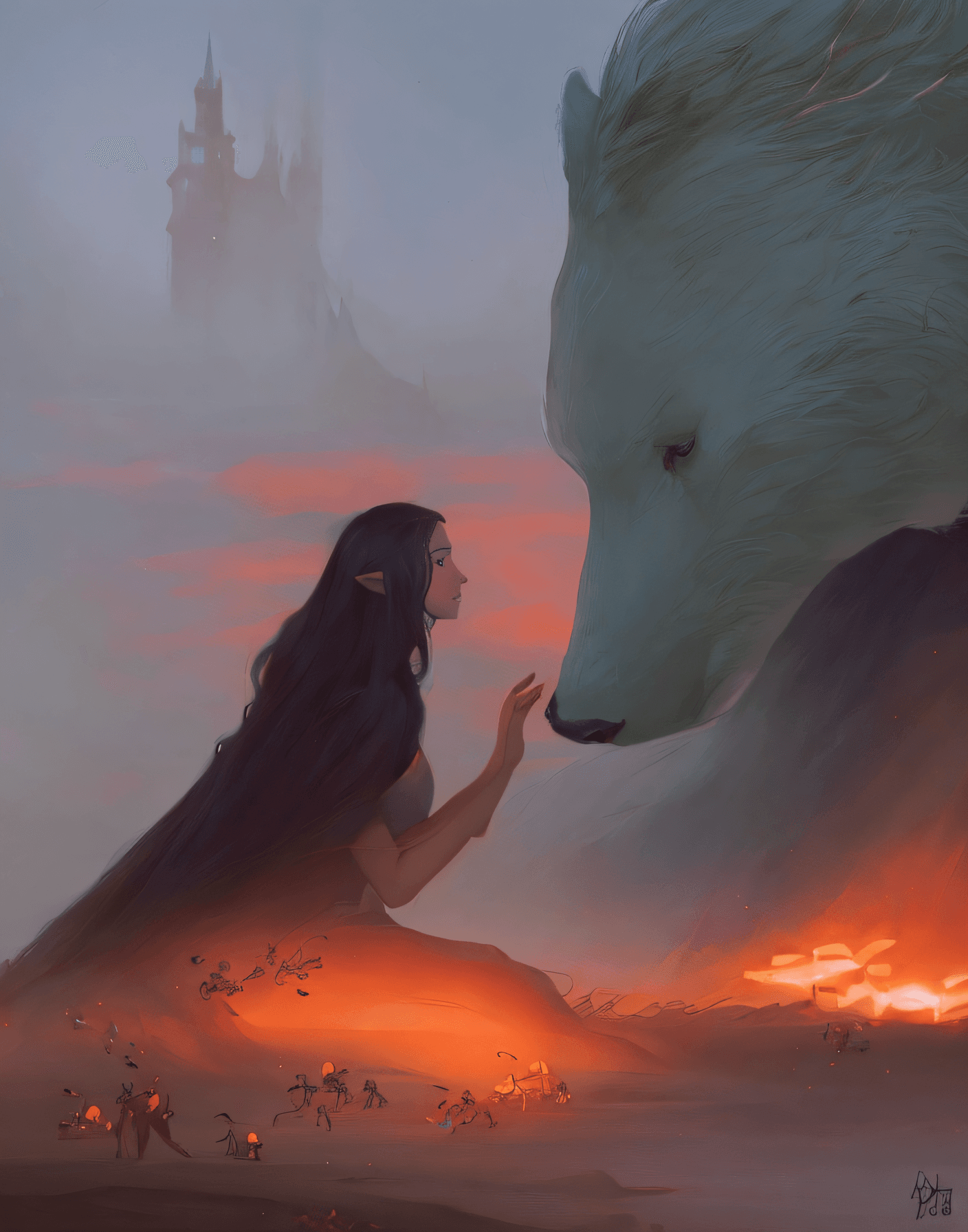 AI generated: araffe and a woman are touching noses with a large bear, luthien, yuri shwedoff and tom bagshaw, an ...
