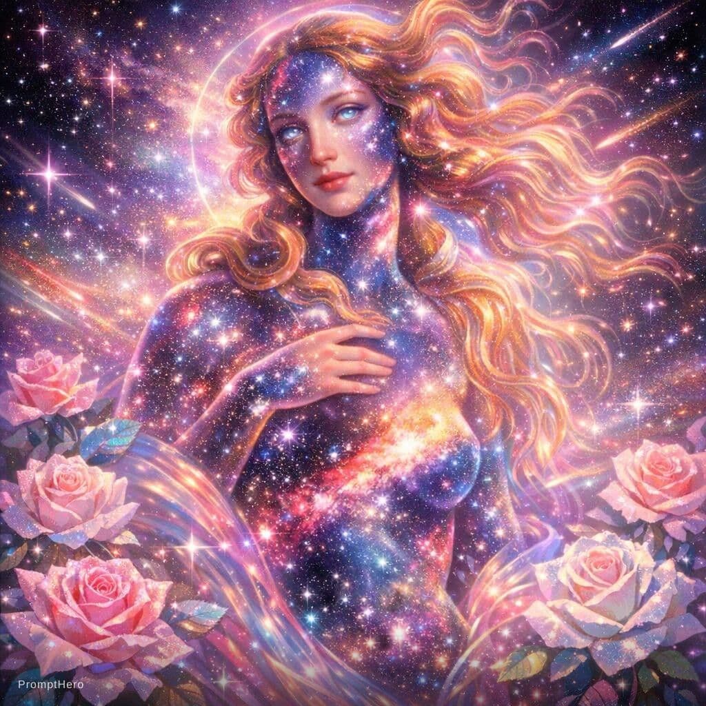 AI generated: Tender holographic colors, Venus Botticelli with galaxy inside out, enigmatic, energetic, long expos...