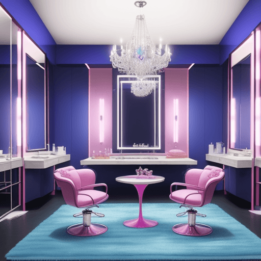 AI generated: the scenery is reminiscent of a beauty salon, with a mirror, table, chair, and the background is mad...