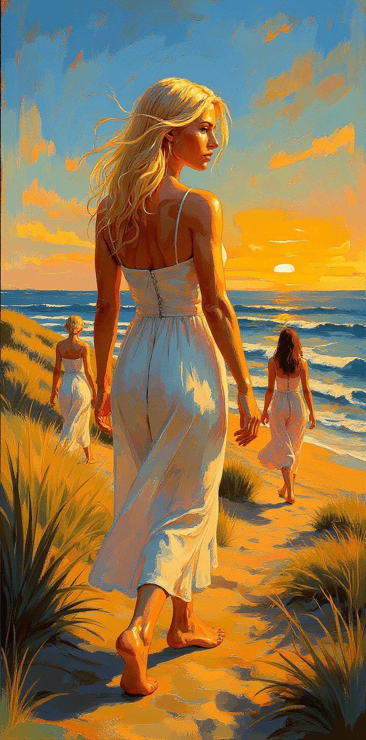 AI generated: portrait of one long blonde hair woman, in the style of Greg Hildebrandt, coastal landscapes, women ...