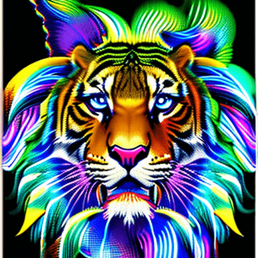 AI generated: a Mythical tiger manticore in a neon light art, in the dark of night, moonlit seas, clouds, moon, st...