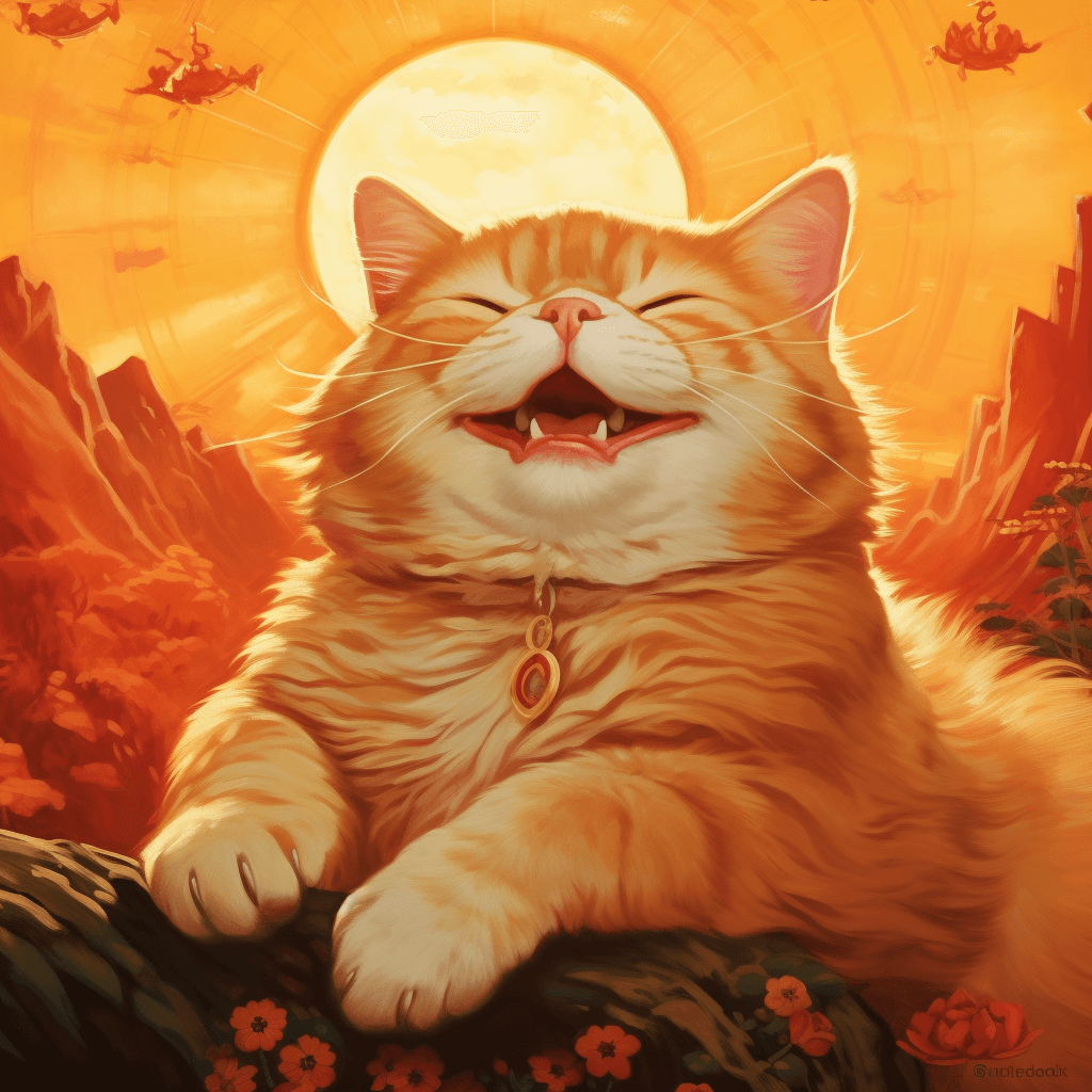 AI generated: an orange cat smilling Lie down on the golden mountain, happy, new Chinese style,red background,test...