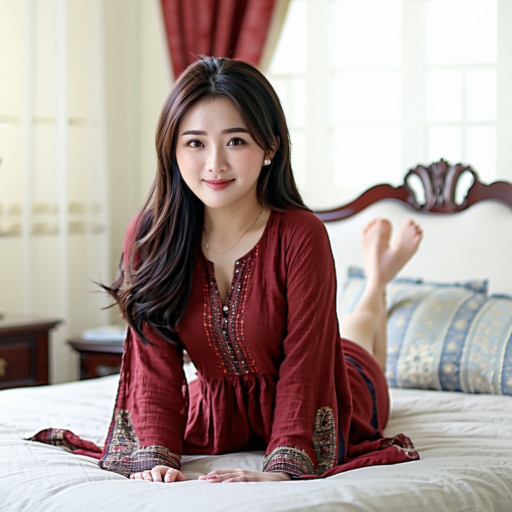 AI generated:  asian girl, as she lays on her back on a bed, wearing a deep red colored Pakistani shalwar kameez, ...
