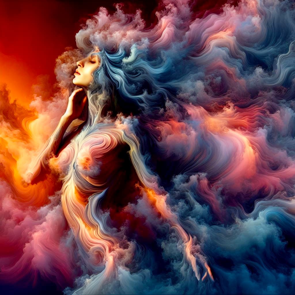 AI generated: she is a gorgeous woman-like being created out smoke ((she is coming out of a sunset mist), smoke da...