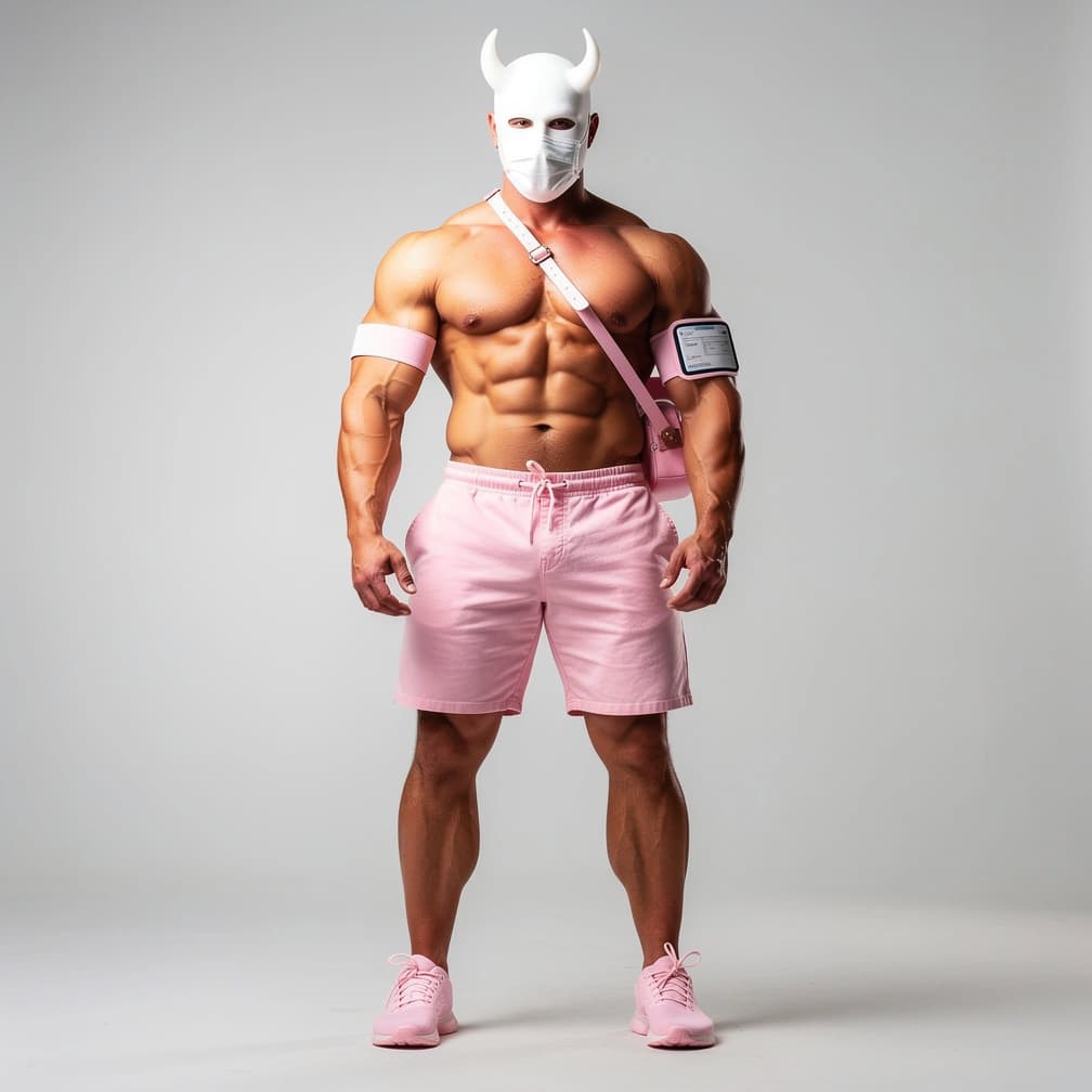 AI generated: A big muscular man wearing light pink short shorts and with a light pink arm band and small light pi...