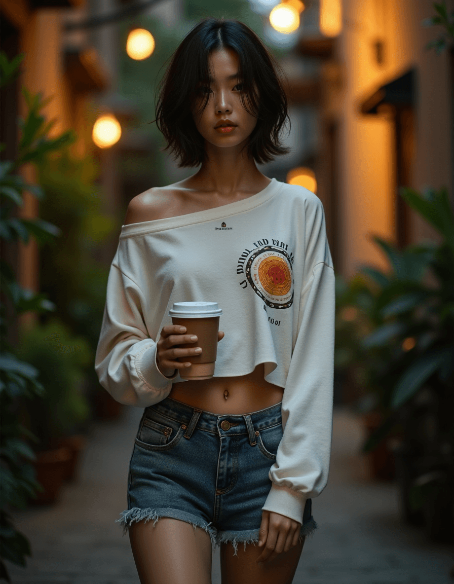 AI generated: High fashion half body photo of a young asian female supermodel, very thin, small breast, flat chest...