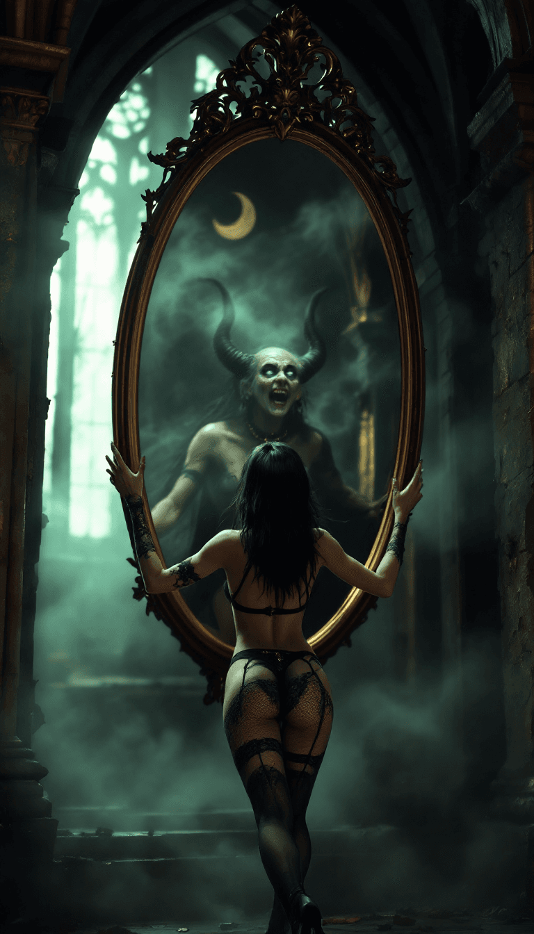 AI generated: A hyper realistic HD Photo of beautiful demon women, standing in front a big full body sized oval mi...