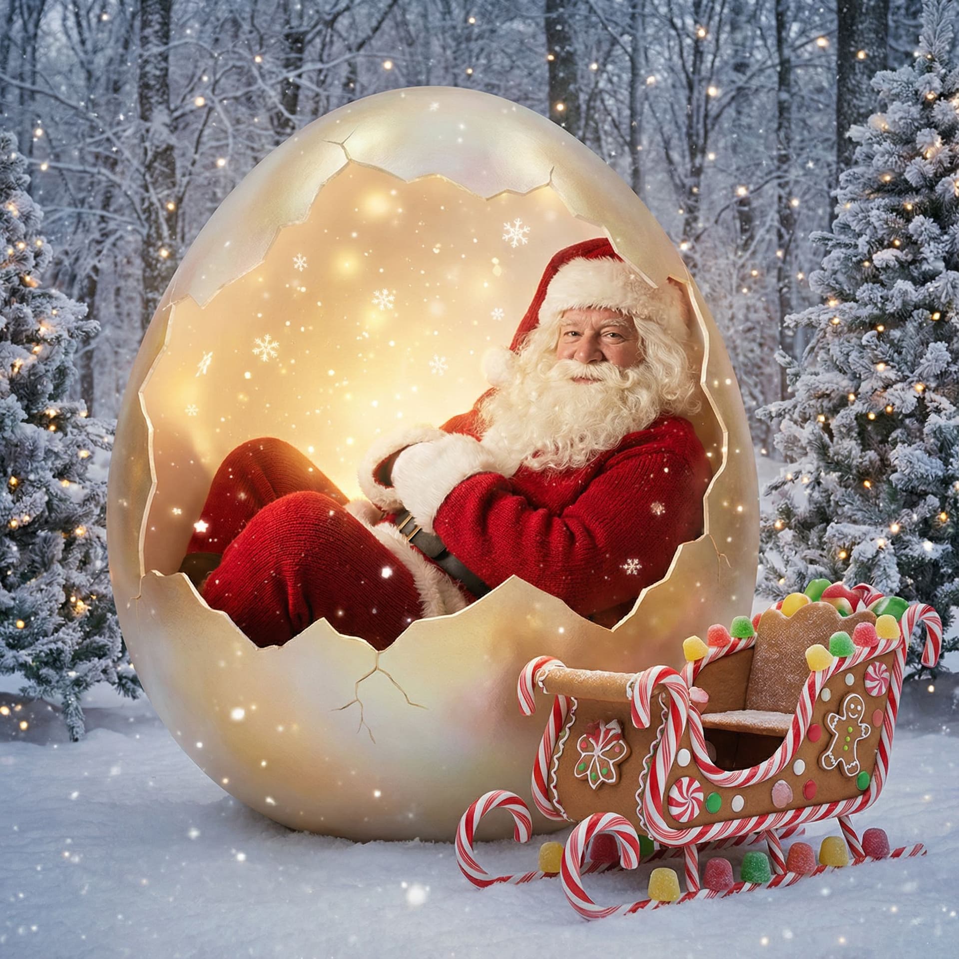 AI generated: Santa Claus is nestled inside a giant eggshell, surrounded by soft golden light, as if he’s just bee...