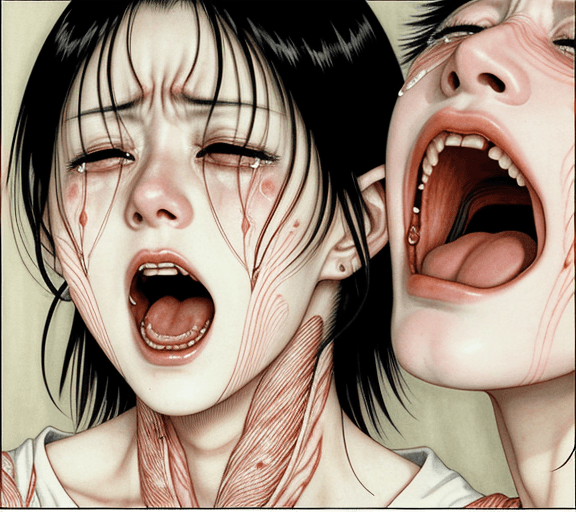 AI generated: Woman crying and screaming, artwork by Takato Yamamoto and Chika Yamada, very detailed, realistic, h...
