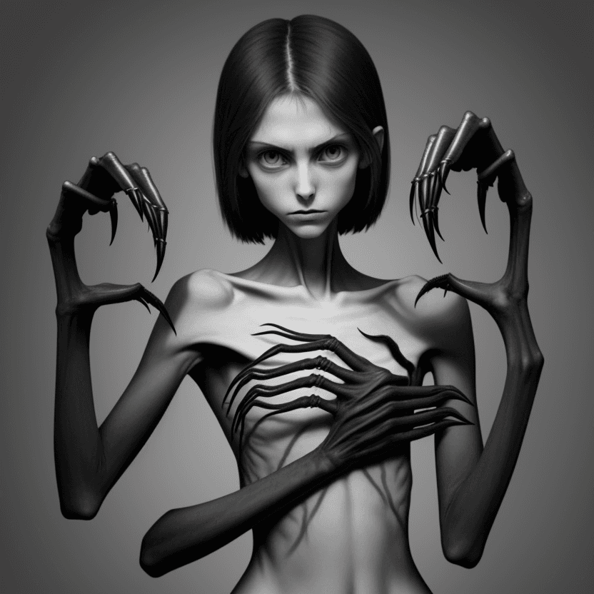 AI generated: woman's arms with hands with black long curved claws (almost claws) of skinny anorexic girl