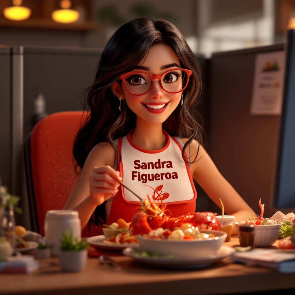 AI generated: a spanish, long black haired young lady wearing stylish eyeglasses, sitting at her work office cubic...