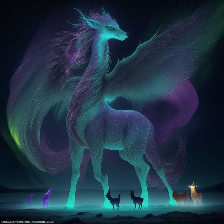 AI generated: Mythical creatures, glowing in chromatic hues, bathed in the celestial light of the northern lights ...