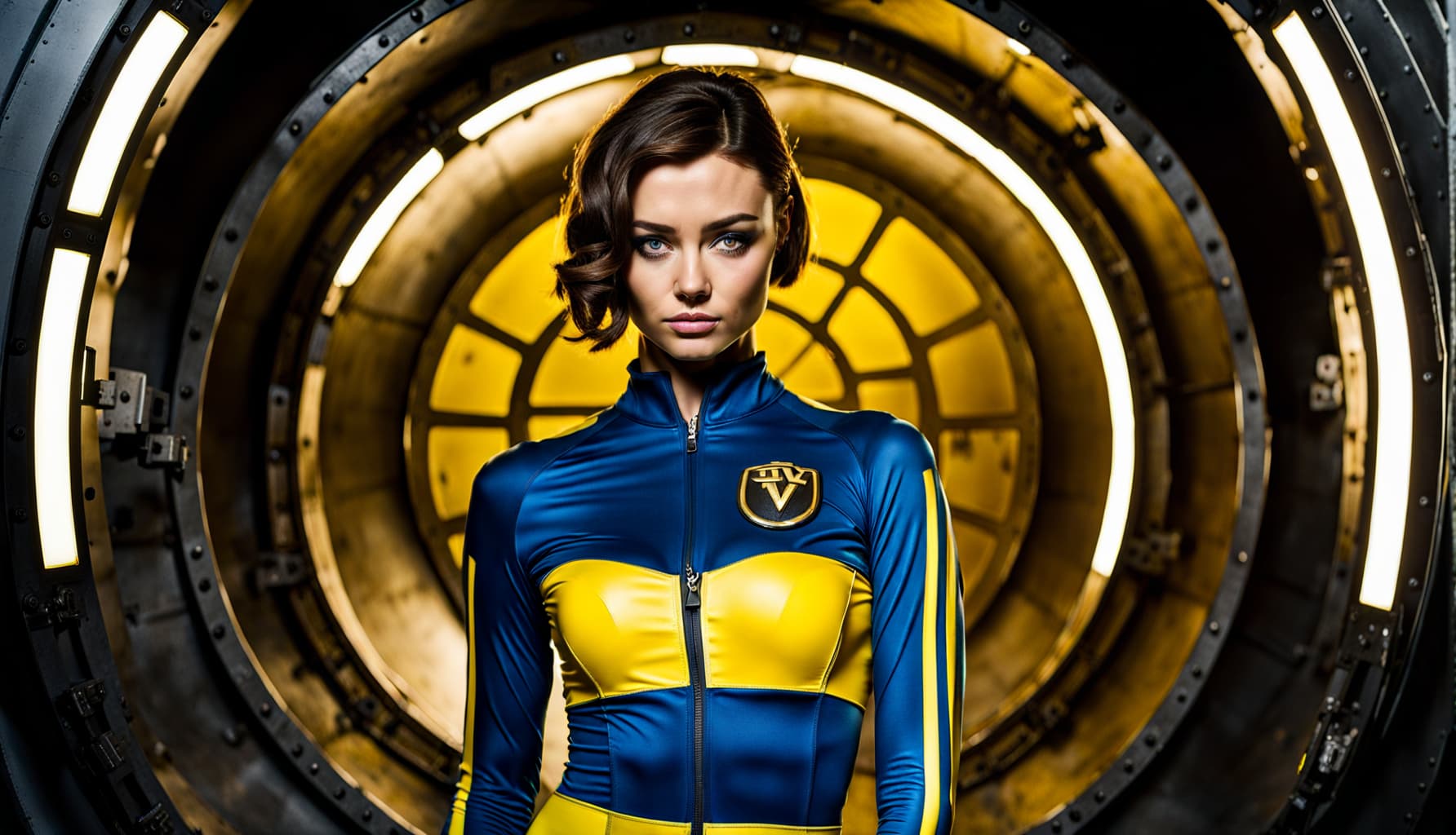 AI generated: 200mm portrait photo, wide angle, half-body, Miranda Kerr as Lucy from Vault 33, iconic movie charac...